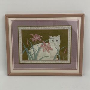 Vintage 80's Framed Persian Cat Picture 8"x 10" E Brownd Cottagecore Art Nouveau